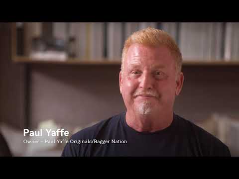 Paul Yaffe, owner of Paul Yaffe Originals / Bagger Nation, speaking on camera for the Motorcycle Missions story.